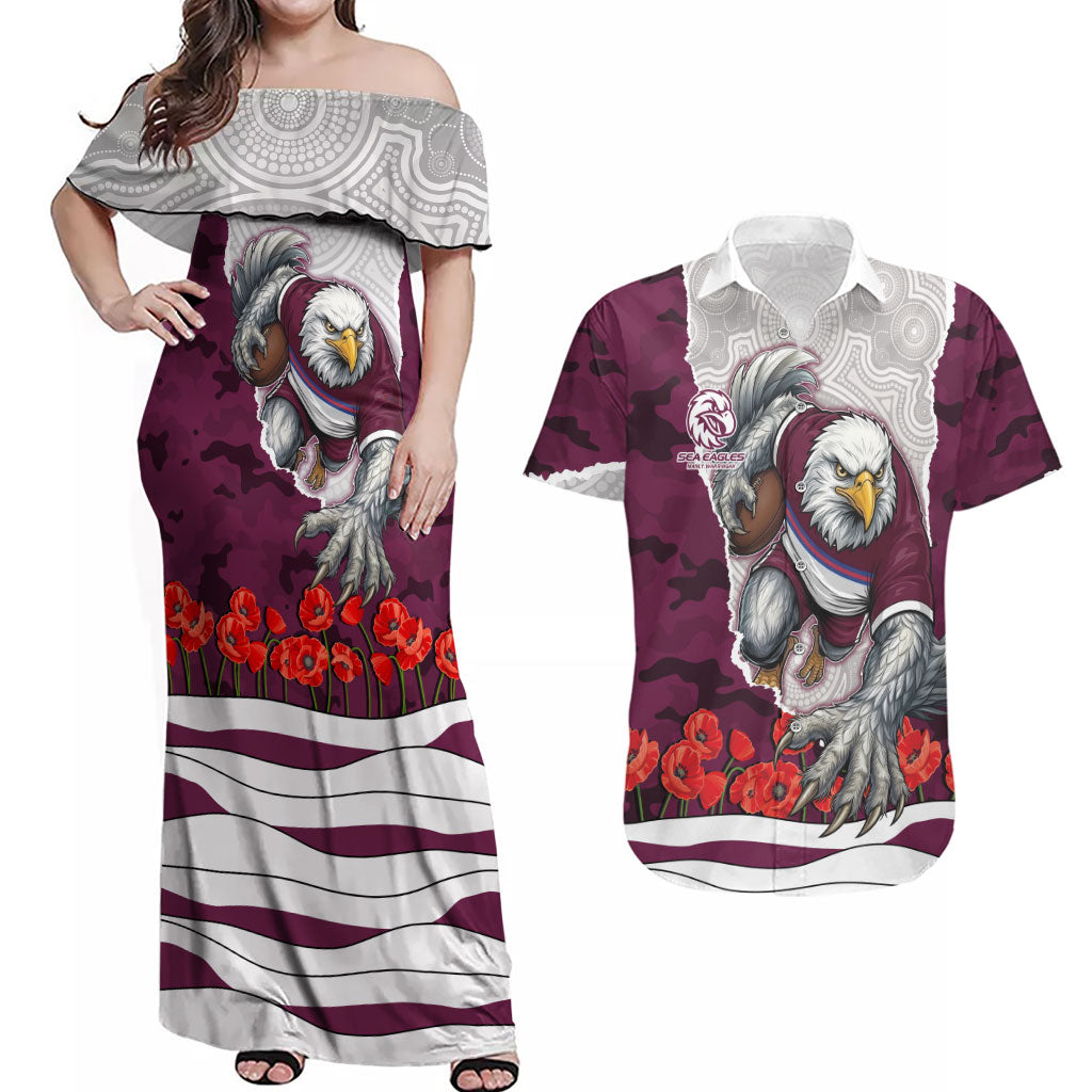 Personalized Sea Eagles ANZAC Tribute Couples Matching Off Shoulder Maxi Dress and Hawaiian Shirt Poppy Field Soldier Silhouette Aboriginal Rugby Mascot