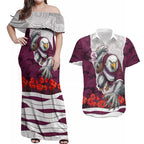 Personalized Sea Eagles ANZAC Tribute Couples Matching Off Shoulder Maxi Dress and Hawaiian Shirt Poppy Field Soldier Silhouette Aboriginal Rugby Mascot