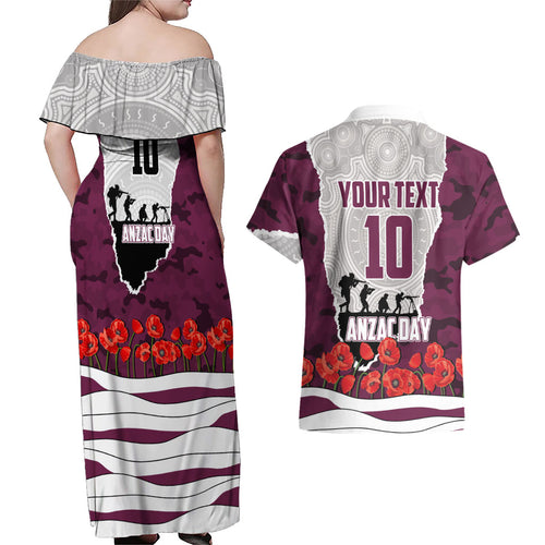 Personalized Sea Eagles ANZAC Tribute Couples Matching Off Shoulder Maxi Dress and Hawaiian Shirt Poppy Field Soldier Silhouette Aboriginal Rugby Mascot