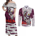 Personalized Sea Eagles ANZAC Tribute Couples Matching Off Shoulder Maxi Dress and Long Sleeve Button Shirt Poppy Field Soldier Silhouette Aboriginal Rugby Mascot