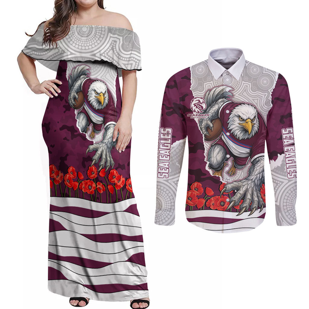 Personalized Sea Eagles ANZAC Tribute Couples Matching Off Shoulder Maxi Dress and Long Sleeve Button Shirt Poppy Field Soldier Silhouette Aboriginal Rugby Mascot