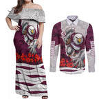 Personalized Sea Eagles ANZAC Tribute Couples Matching Off Shoulder Maxi Dress and Long Sleeve Button Shirt Poppy Field Soldier Silhouette Aboriginal Rugby Mascot