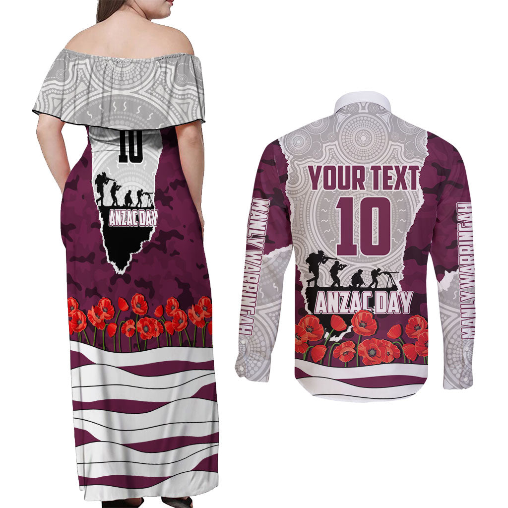 Personalized Sea Eagles ANZAC Tribute Couples Matching Off Shoulder Maxi Dress and Long Sleeve Button Shirt Poppy Field Soldier Silhouette Aboriginal Rugby Mascot