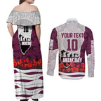 Personalized Sea Eagles ANZAC Tribute Couples Matching Off Shoulder Maxi Dress and Long Sleeve Button Shirt Poppy Field Soldier Silhouette Aboriginal Rugby Mascot
