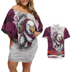 Personalized Sea Eagles ANZAC Tribute Couples Matching Off Shoulder Short Dress and Hawaiian Shirt Poppy Field Soldier Silhouette Aboriginal Rugby Mascot