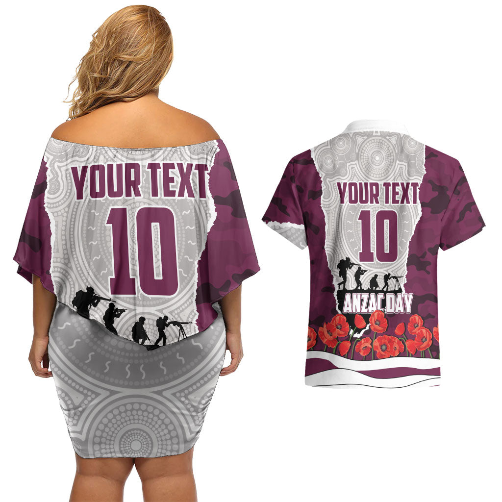 Personalized Sea Eagles ANZAC Tribute Couples Matching Off Shoulder Short Dress and Hawaiian Shirt Poppy Field Soldier Silhouette Aboriginal Rugby Mascot