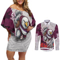 Personalized Sea Eagles ANZAC Tribute Couples Matching Off Shoulder Short Dress and Long Sleeve Button Shirt Poppy Field Soldier Silhouette Aboriginal Rugby Mascot