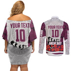 Personalized Sea Eagles ANZAC Tribute Couples Matching Off Shoulder Short Dress and Long Sleeve Button Shirt Poppy Field Soldier Silhouette Aboriginal Rugby Mascot