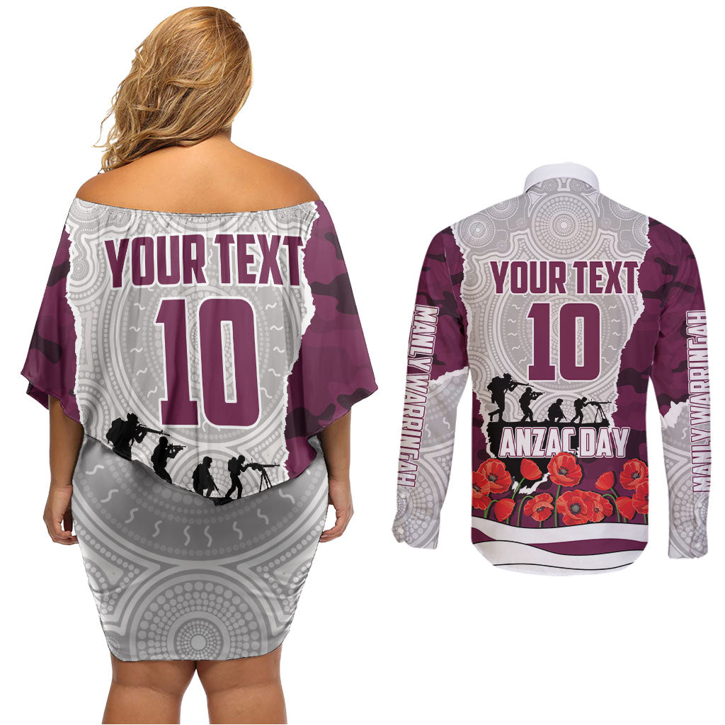 Personalized Sea Eagles ANZAC Tribute Couples Matching Off Shoulder Short Dress and Long Sleeve Button Shirt Poppy Field Soldier Silhouette Aboriginal Rugby Mascot