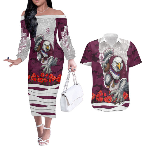 Personalized Sea Eagles ANZAC Tribute Couples Matching Off The Shoulder Long Sleeve Dress and Hawaiian Shirt Poppy Field Soldier Silhouette Aboriginal Rugby Mascot