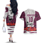 Personalized Sea Eagles ANZAC Tribute Couples Matching Off The Shoulder Long Sleeve Dress and Hawaiian Shirt Poppy Field Soldier Silhouette Aboriginal Rugby Mascot