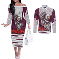 Personalized Sea Eagles ANZAC Tribute Couples Matching Off The Shoulder Long Sleeve Dress and Long Sleeve Button Shirt Poppy Field Soldier Silhouette Aboriginal Rugby Mascot