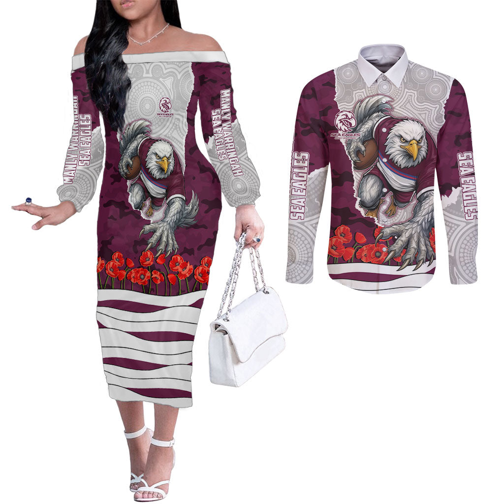 Personalized Sea Eagles ANZAC Tribute Couples Matching Off The Shoulder Long Sleeve Dress and Long Sleeve Button Shirt Poppy Field Soldier Silhouette Aboriginal Rugby Mascot