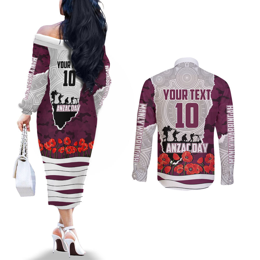 Personalized Sea Eagles ANZAC Tribute Couples Matching Off The Shoulder Long Sleeve Dress and Long Sleeve Button Shirt Poppy Field Soldier Silhouette Aboriginal Rugby Mascot