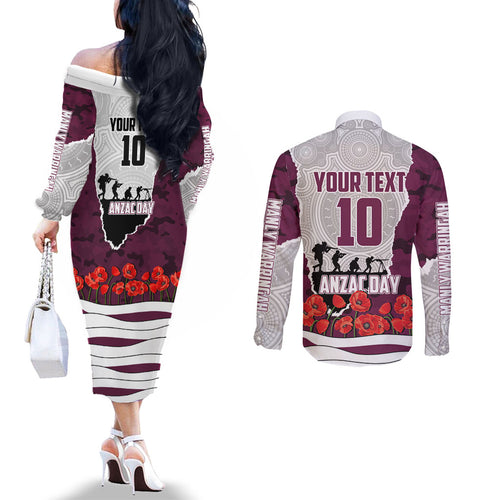 Personalized Sea Eagles ANZAC Tribute Couples Matching Off The Shoulder Long Sleeve Dress and Long Sleeve Button Shirt Poppy Field Soldier Silhouette Aboriginal Rugby Mascot