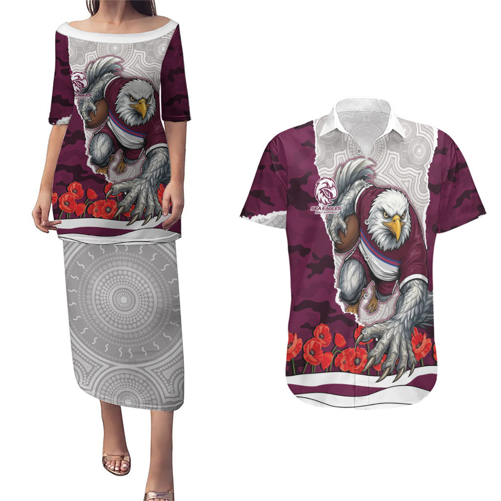 Personalized Sea Eagles ANZAC Tribute Couples Matching Puletasi and Hawaiian Shirt Poppy Field Soldier Silhouette Aboriginal Rugby Mascot