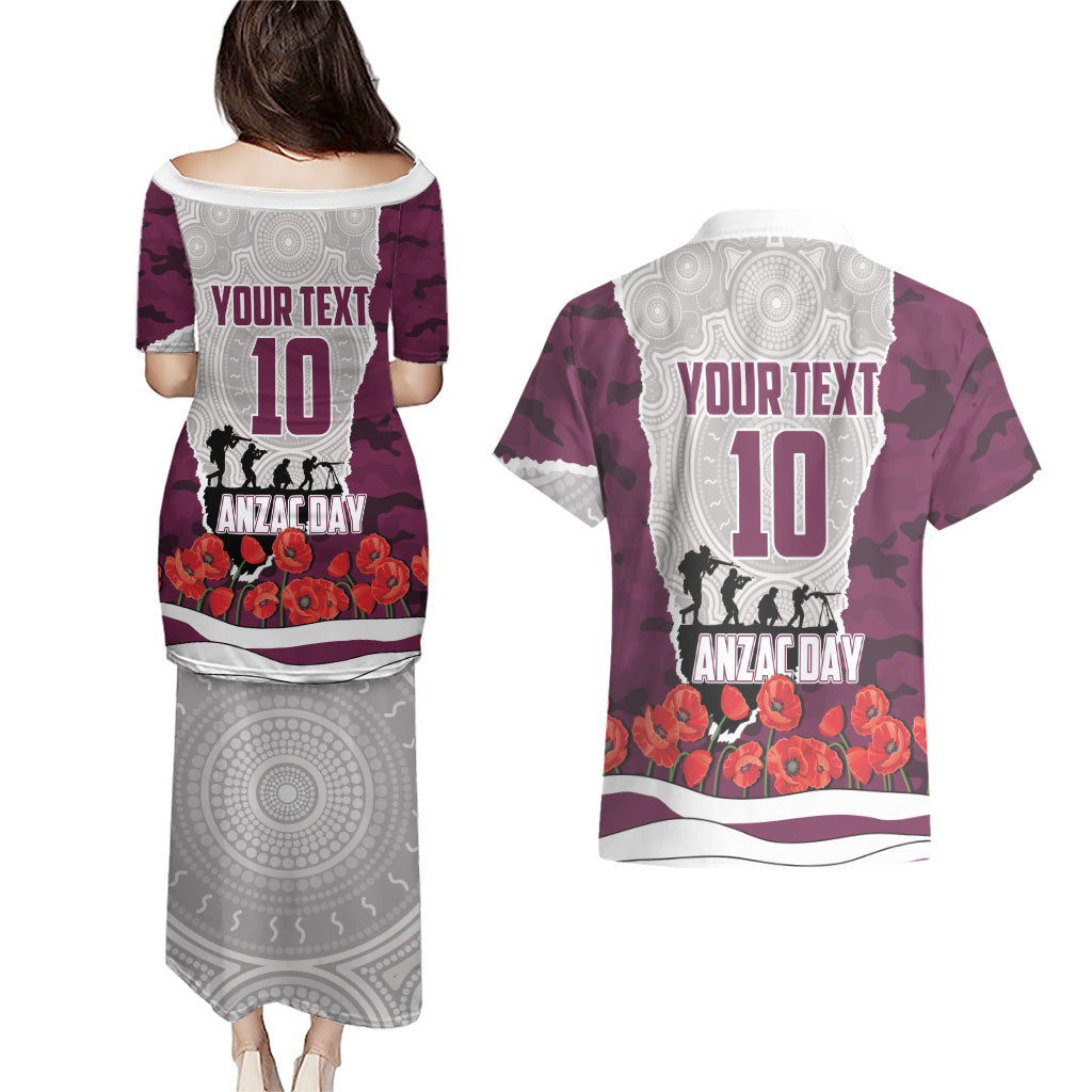 Personalized Sea Eagles ANZAC Tribute Couples Matching Puletasi and Hawaiian Shirt Poppy Field Soldier Silhouette Aboriginal Rugby Mascot
