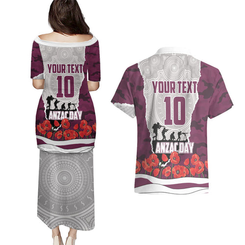 Personalized Sea Eagles ANZAC Tribute Couples Matching Puletasi and Hawaiian Shirt Poppy Field Soldier Silhouette Aboriginal Rugby Mascot