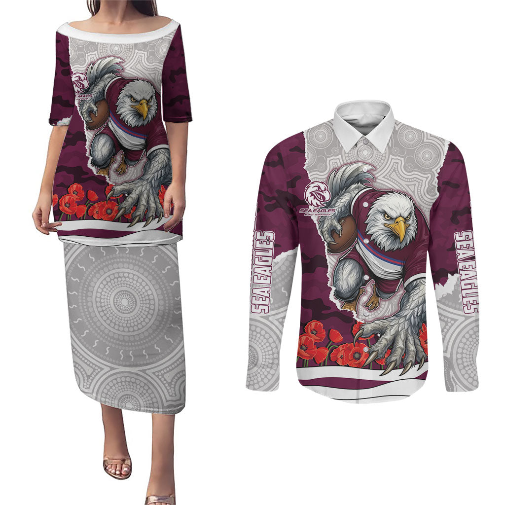 Personalized Sea Eagles ANZAC Tribute Couples Matching Puletasi and Long Sleeve Button Shirt Poppy Field Soldier Silhouette Aboriginal Rugby Mascot