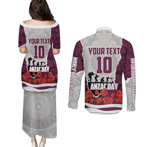 Personalized Sea Eagles ANZAC Tribute Couples Matching Puletasi and Long Sleeve Button Shirt Poppy Field Soldier Silhouette Aboriginal Rugby Mascot