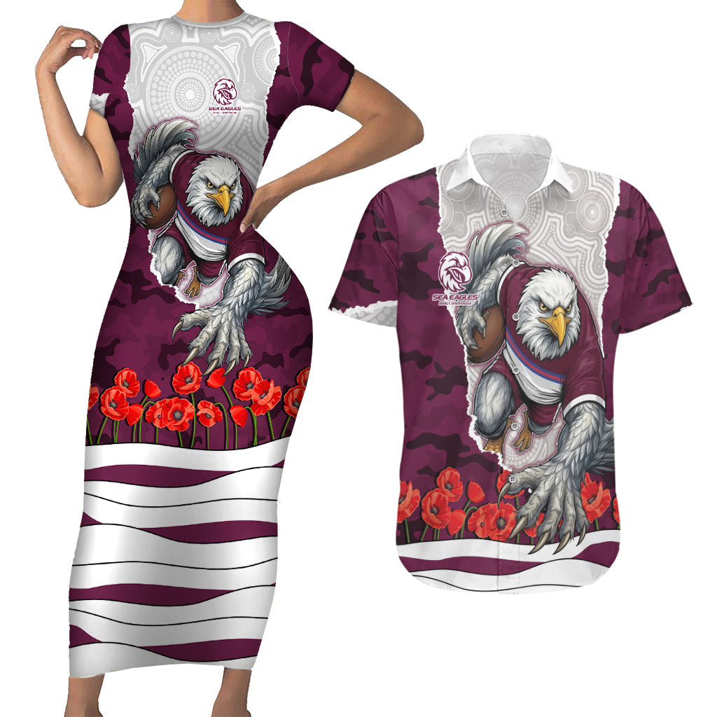 Personalized Sea Eagles ANZAC Tribute Couples Matching Short Sleeve Bodycon Dress and Hawaiian Shirt Poppy Field Soldier Silhouette Aboriginal Rugby Mascot