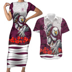 Personalized Sea Eagles ANZAC Tribute Couples Matching Short Sleeve Bodycon Dress and Hawaiian Shirt Poppy Field Soldier Silhouette Aboriginal Rugby Mascot