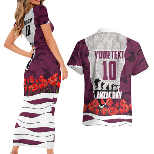 Personalized Sea Eagles ANZAC Tribute Couples Matching Short Sleeve Bodycon Dress and Hawaiian Shirt Poppy Field Soldier Silhouette Aboriginal Rugby Mascot