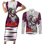 Personalized Sea Eagles ANZAC Tribute Couples Matching Short Sleeve Bodycon Dress and Long Sleeve Button Shirt Poppy Field Soldier Silhouette Aboriginal Rugby Mascot