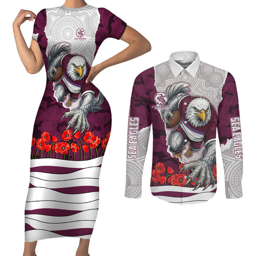 Personalized Sea Eagles ANZAC Tribute Couples Matching Short Sleeve Bodycon Dress and Long Sleeve Button Shirt Poppy Field Soldier Silhouette Aboriginal Rugby Mascot