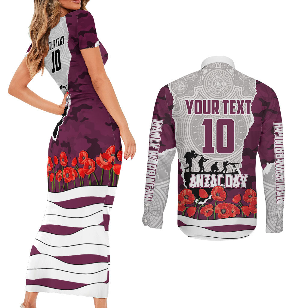 Personalized Sea Eagles ANZAC Tribute Couples Matching Short Sleeve Bodycon Dress and Long Sleeve Button Shirt Poppy Field Soldier Silhouette Aboriginal Rugby Mascot