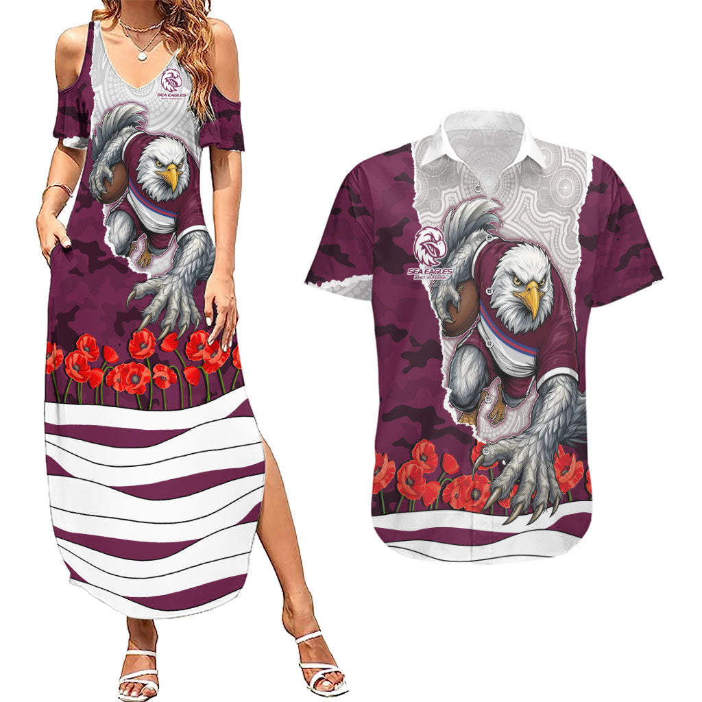 Personalized Sea Eagles ANZAC Tribute Couples Matching Summer Maxi Dress and Hawaiian Shirt Poppy Field Soldier Silhouette Aboriginal Rugby Mascot