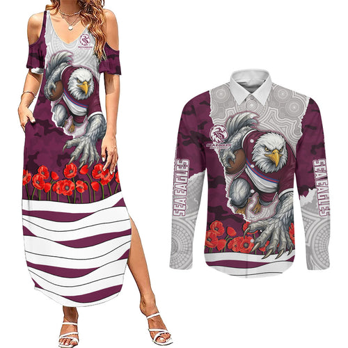Personalized Sea Eagles ANZAC Tribute Couples Matching Summer Maxi Dress and Long Sleeve Button Shirt Poppy Field Soldier Silhouette Aboriginal Rugby Mascot