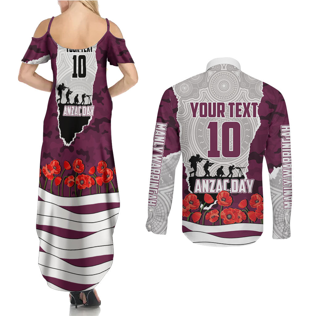 Personalized Sea Eagles ANZAC Tribute Couples Matching Summer Maxi Dress and Long Sleeve Button Shirt Poppy Field Soldier Silhouette Aboriginal Rugby Mascot