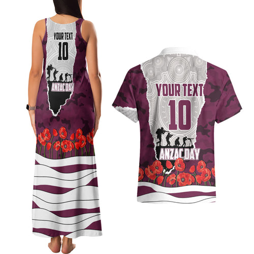 Personalized Sea Eagles ANZAC Tribute Couples Matching Tank Maxi Dress and Hawaiian Shirt Poppy Field Soldier Silhouette Aboriginal Rugby Mascot