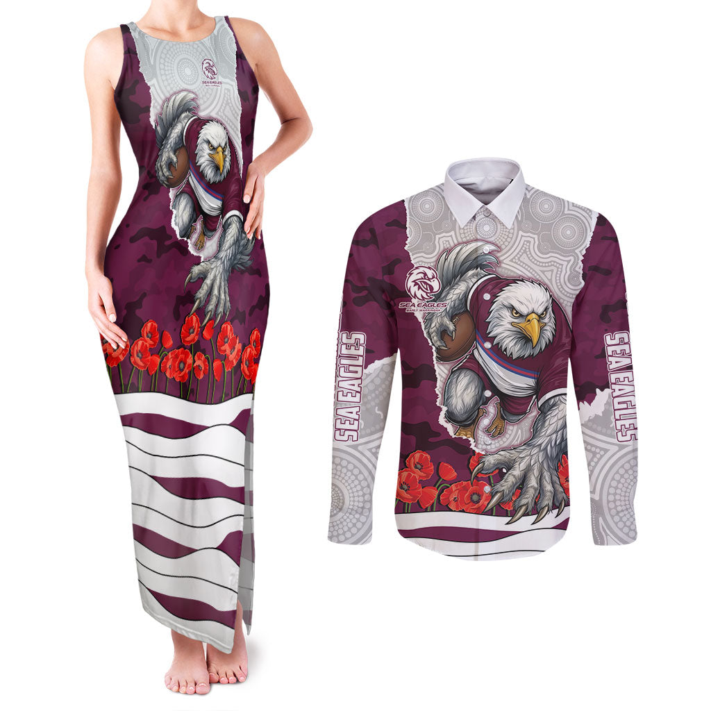 Personalized Sea Eagles ANZAC Tribute Couples Matching Tank Maxi Dress and Long Sleeve Button Shirt Poppy Field Soldier Silhouette Aboriginal Rugby Mascot
