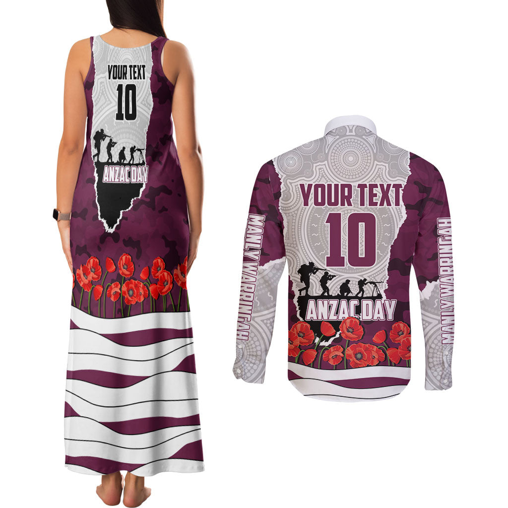 Personalized Sea Eagles ANZAC Tribute Couples Matching Tank Maxi Dress and Long Sleeve Button Shirt Poppy Field Soldier Silhouette Aboriginal Rugby Mascot