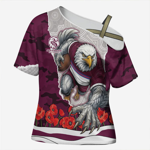 Personalized Sea Eagles ANZAC Tribute Cross Shoulder Shirt Poppy Field Soldier Silhouette Aboriginal Rugby Mascot