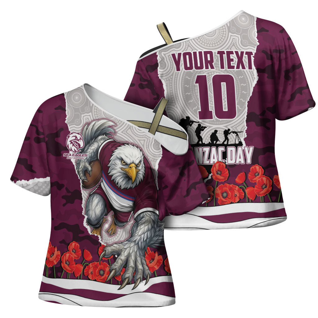 Personalized Sea Eagles ANZAC Tribute Cross Shoulder Shirt Poppy Field Soldier Silhouette Aboriginal Rugby Mascot