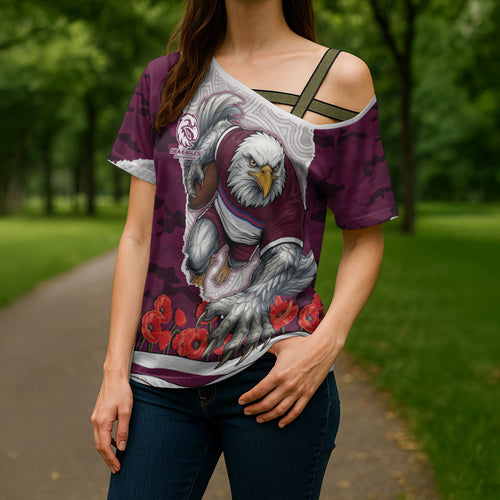 Personalized Sea Eagles ANZAC Tribute Cross Shoulder Shirt Poppy Field Soldier Silhouette Aboriginal Rugby Mascot