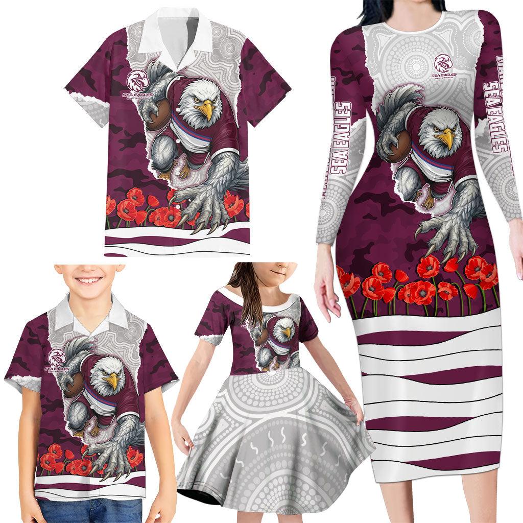 Personalized Sea Eagles ANZAC Tribute Family Matching Long Sleeve Bodycon Dress and Hawaiian Shirt Poppy Field Soldier Silhouette Aboriginal Rugby Mascot