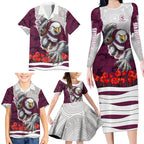 Personalized Sea Eagles ANZAC Tribute Family Matching Long Sleeve Bodycon Dress and Hawaiian Shirt Poppy Field Soldier Silhouette Aboriginal Rugby Mascot