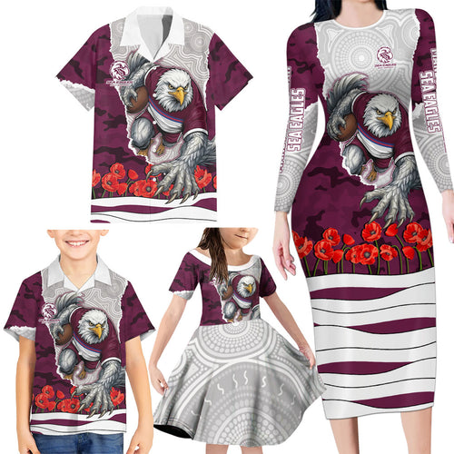 Personalized Sea Eagles ANZAC Tribute Family Matching Long Sleeve Bodycon Dress and Hawaiian Shirt Poppy Field Soldier Silhouette Aboriginal Rugby Mascot
