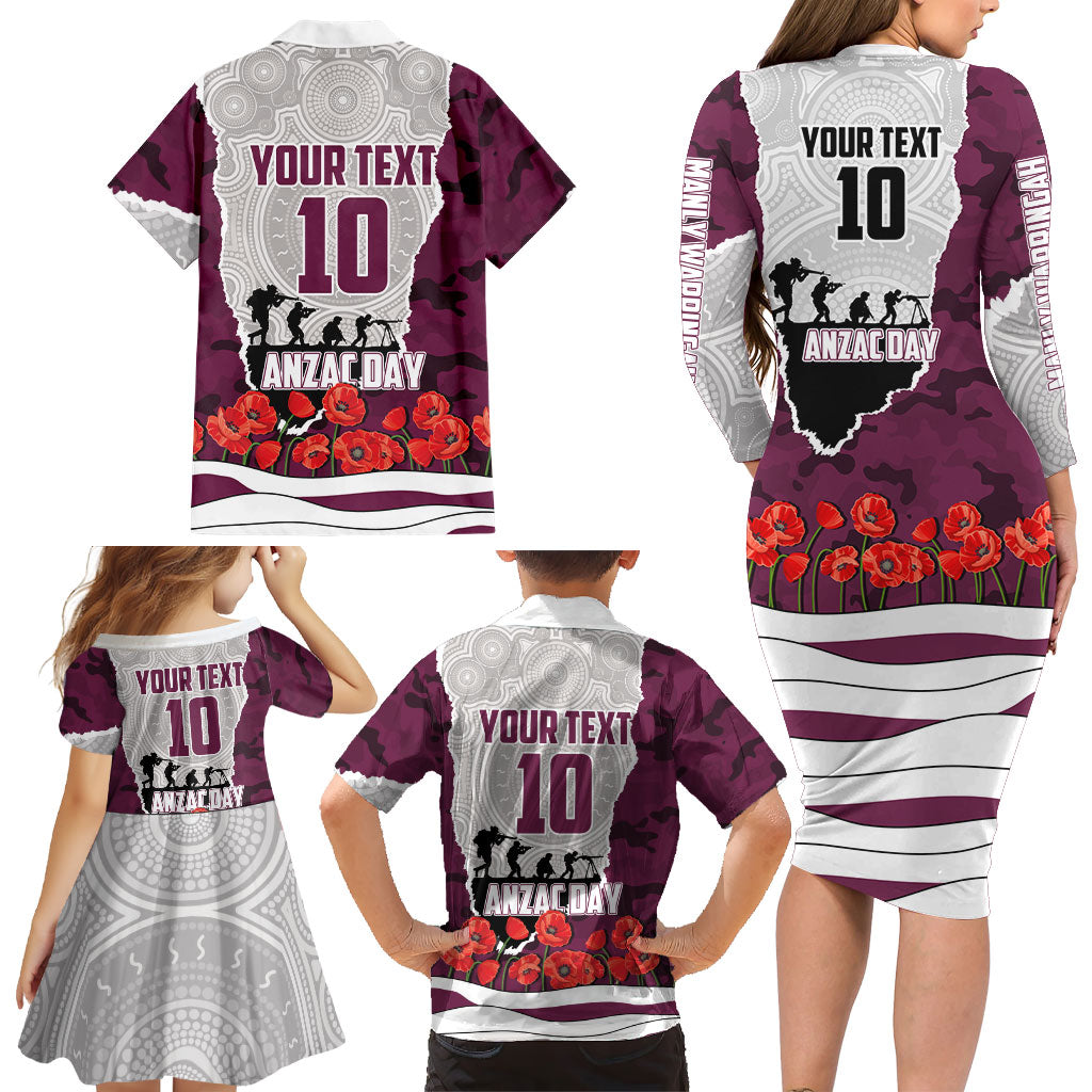 Personalized Sea Eagles ANZAC Tribute Family Matching Long Sleeve Bodycon Dress and Hawaiian Shirt Poppy Field Soldier Silhouette Aboriginal Rugby Mascot