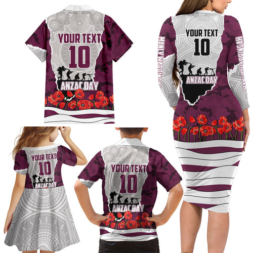Personalized Sea Eagles ANZAC Tribute Family Matching Long Sleeve Bodycon Dress and Hawaiian Shirt Poppy Field Soldier Silhouette Aboriginal Rugby Mascot