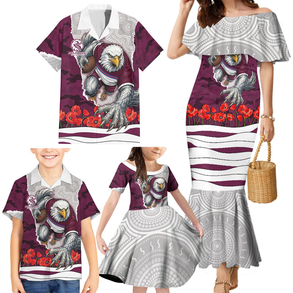 Personalized Sea Eagles ANZAC Tribute Family Matching Mermaid Dress and Hawaiian Shirt Poppy Field Soldier Silhouette Aboriginal Rugby Mascot