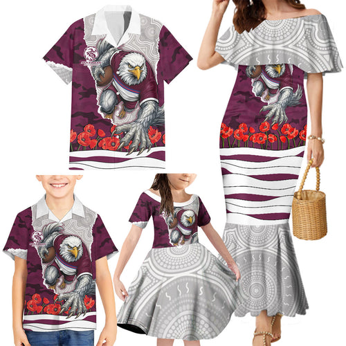 Personalized Sea Eagles ANZAC Tribute Family Matching Mermaid Dress and Hawaiian Shirt Poppy Field Soldier Silhouette Aboriginal Rugby Mascot