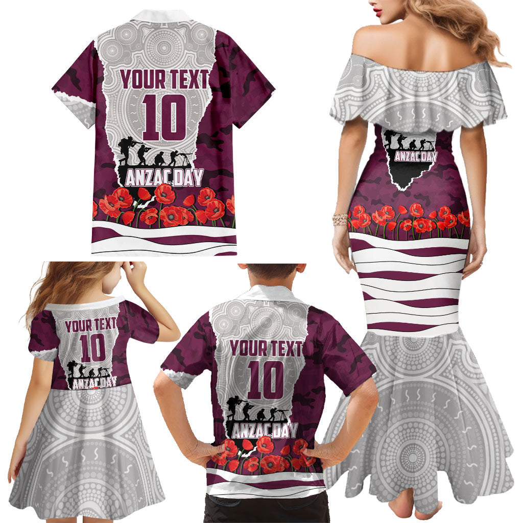 Personalized Sea Eagles ANZAC Tribute Family Matching Mermaid Dress and Hawaiian Shirt Poppy Field Soldier Silhouette Aboriginal Rugby Mascot