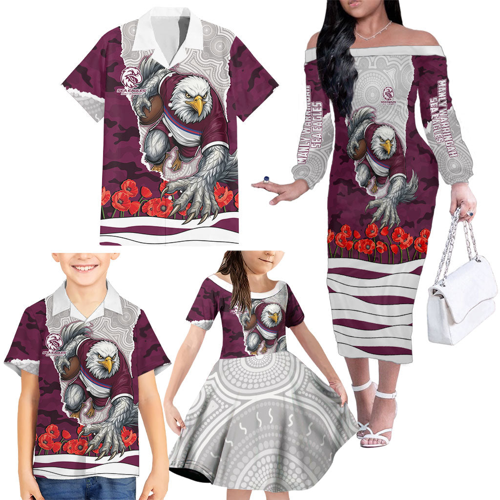 Personalized Sea Eagles ANZAC Tribute Family Matching Off The Shoulder Long Sleeve Dress and Hawaiian Shirt Poppy Field Soldier Silhouette Aboriginal Rugby Mascot