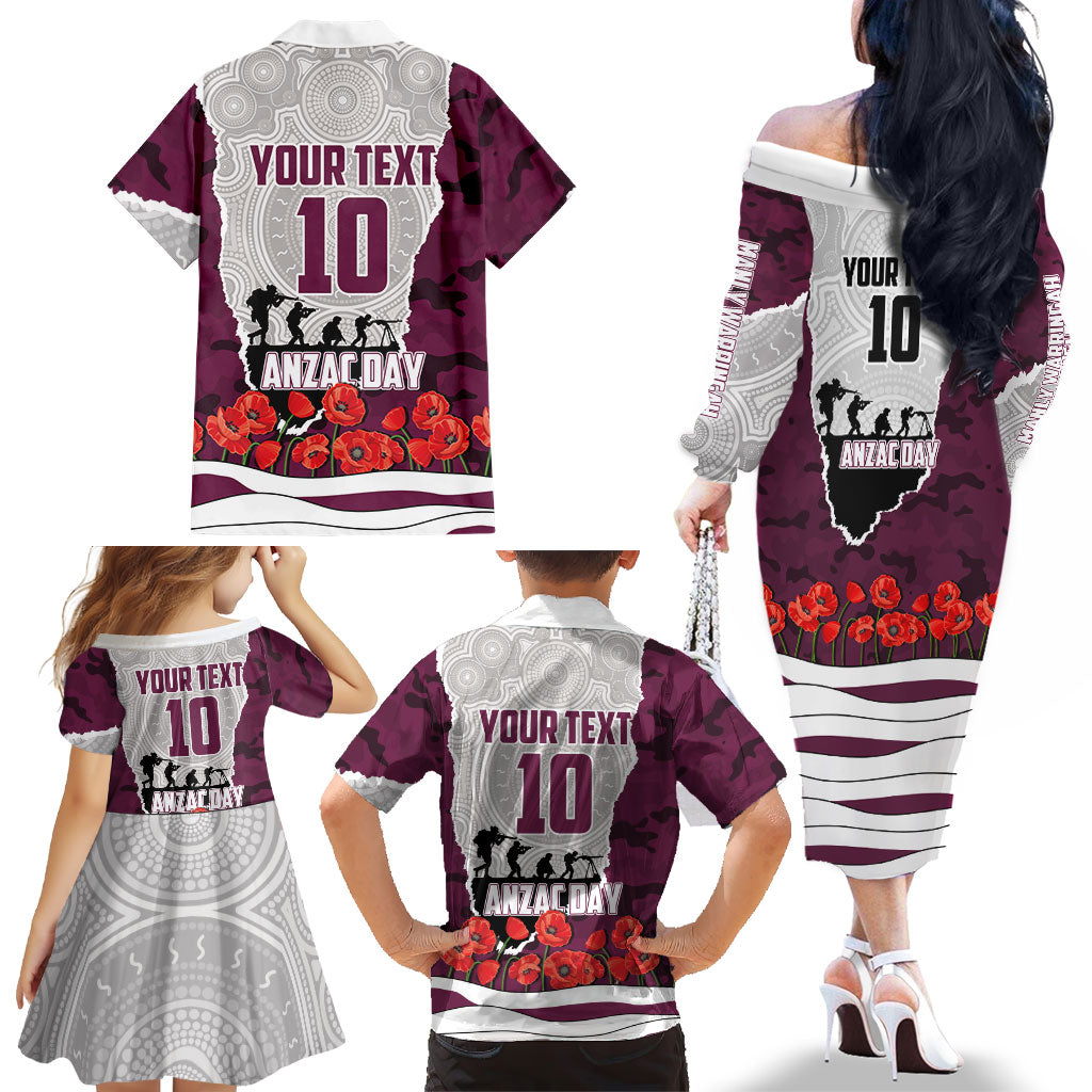 Personalized Sea Eagles ANZAC Tribute Family Matching Off The Shoulder Long Sleeve Dress and Hawaiian Shirt Poppy Field Soldier Silhouette Aboriginal Rugby Mascot