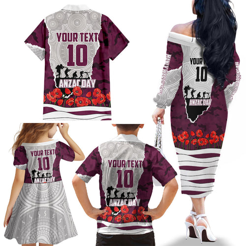 Personalized Sea Eagles ANZAC Tribute Family Matching Off The Shoulder Long Sleeve Dress and Hawaiian Shirt Poppy Field Soldier Silhouette Aboriginal Rugby Mascot